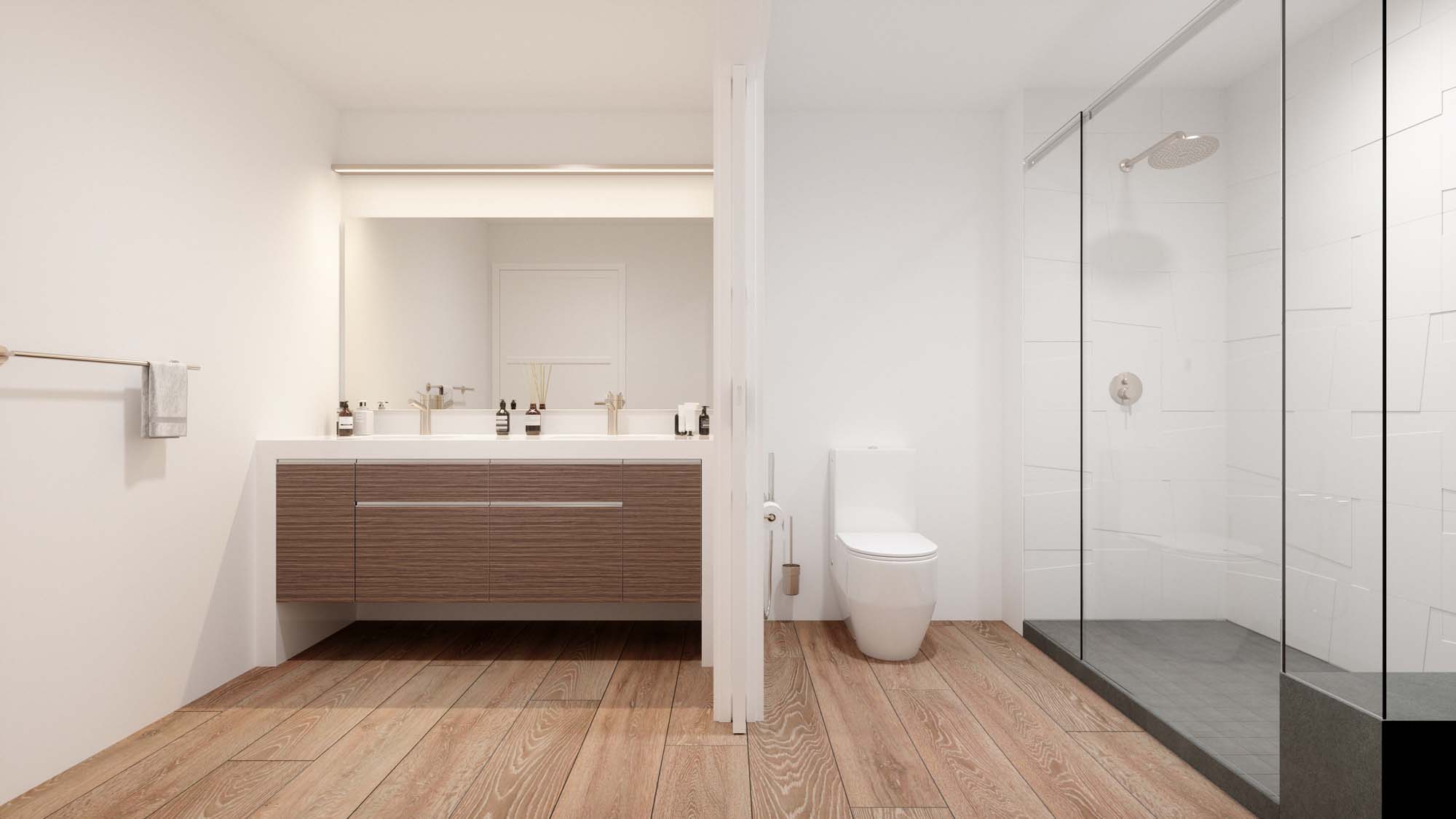 bathroom area with wood-style flooring, dual sink, stand up shower, and single mirror