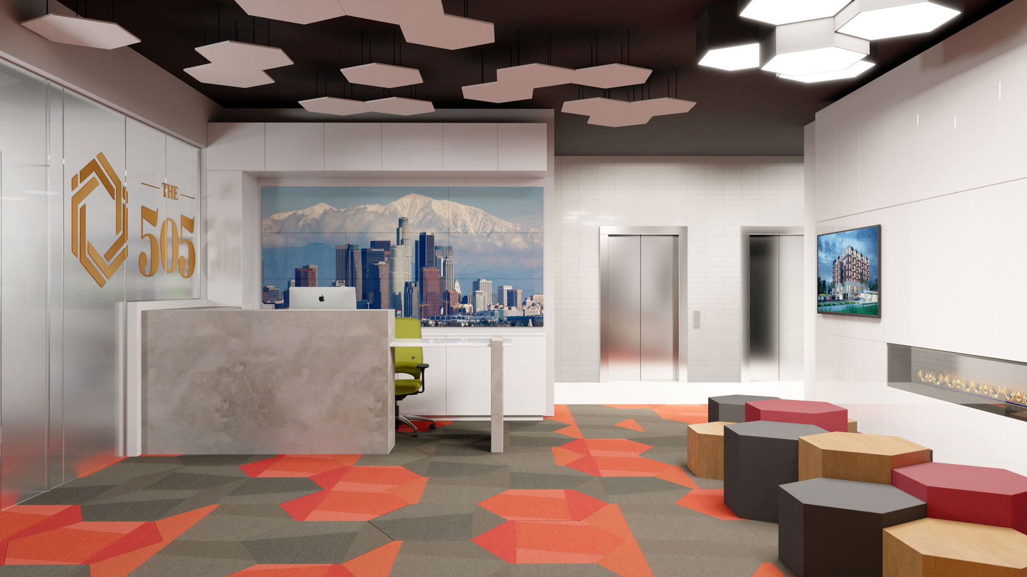 entrance lobby with seating, reception desk, wall artwork, and carpet flooring