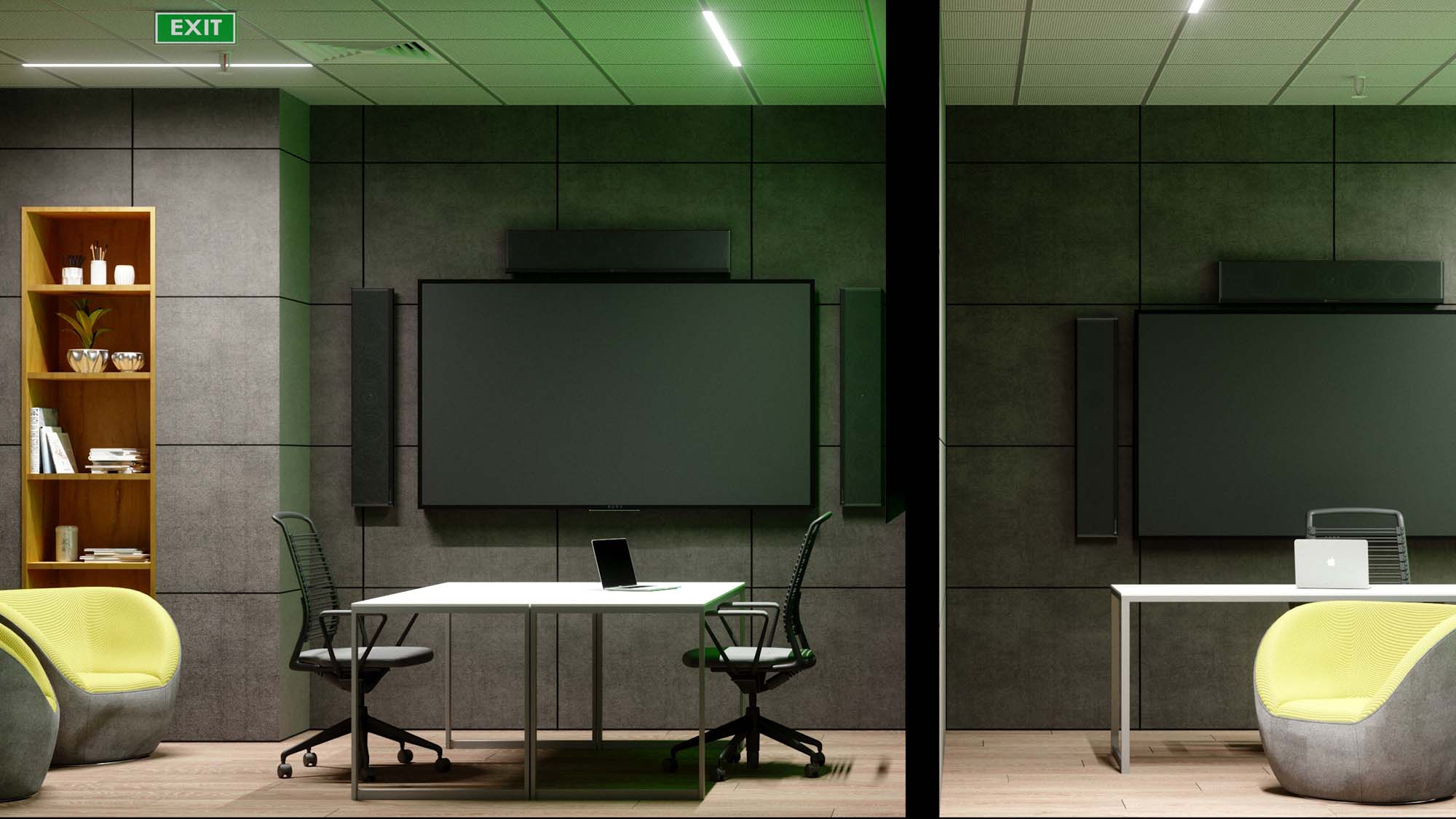 meeting rooms with green screens, tvs for presentations, seating, and desks