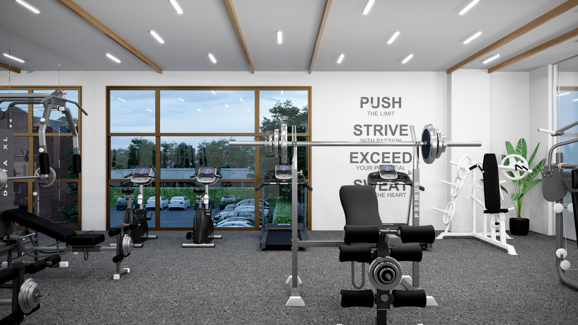 indoor gym area with lifting machines, workout machines, tvs, water fountain, and weights