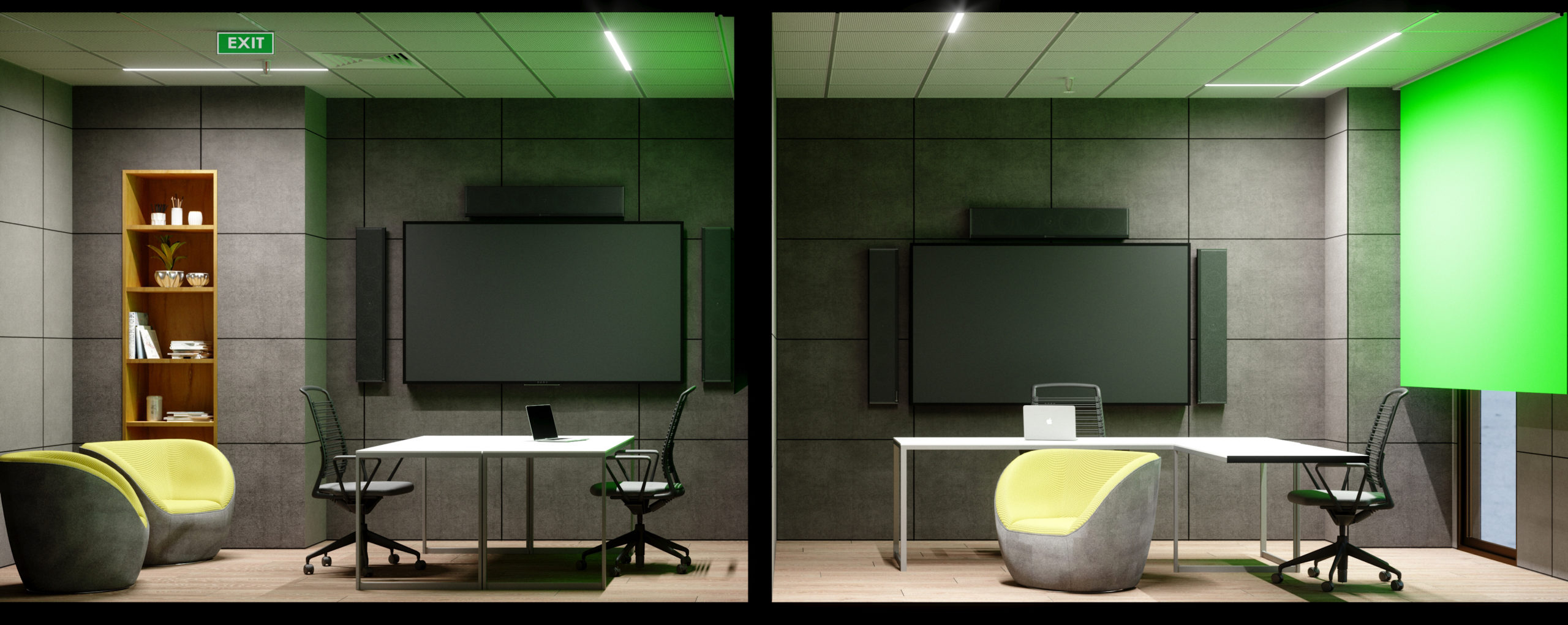 meeting rooms with green screens, tvs for presentations, seating, and desks