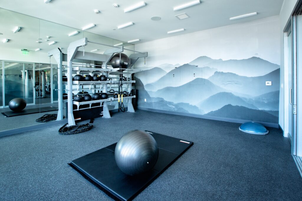Indoor gym area with medicine balls, workout balls, rope, accent walls, and tile flooring